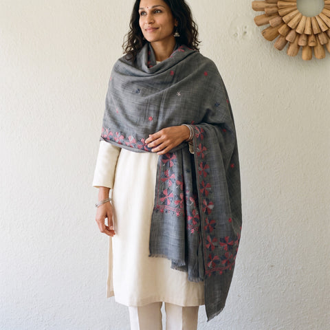 Grey Hand Embroidered Phulkari Wool Shawl, worn by a model, AI visual of the shawl, iTokri