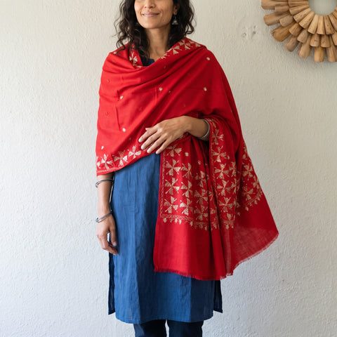 Red Hand Embroidered Phulkari Wool Shawl, worn by a model, AI visual of the shawl, iTokri