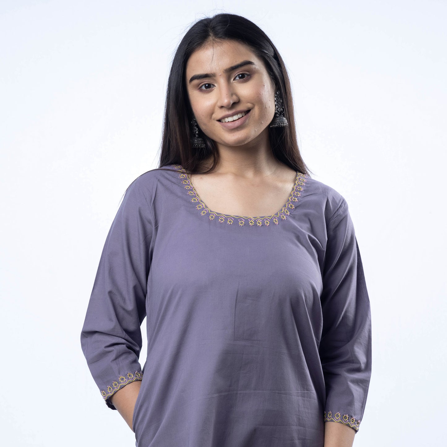 Hand Embroidered Pigeon Blue Cotton Long Kurta