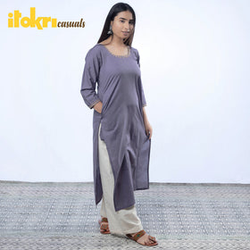 Hand Embroidered Pigeon Blue Cotton Long Kurta