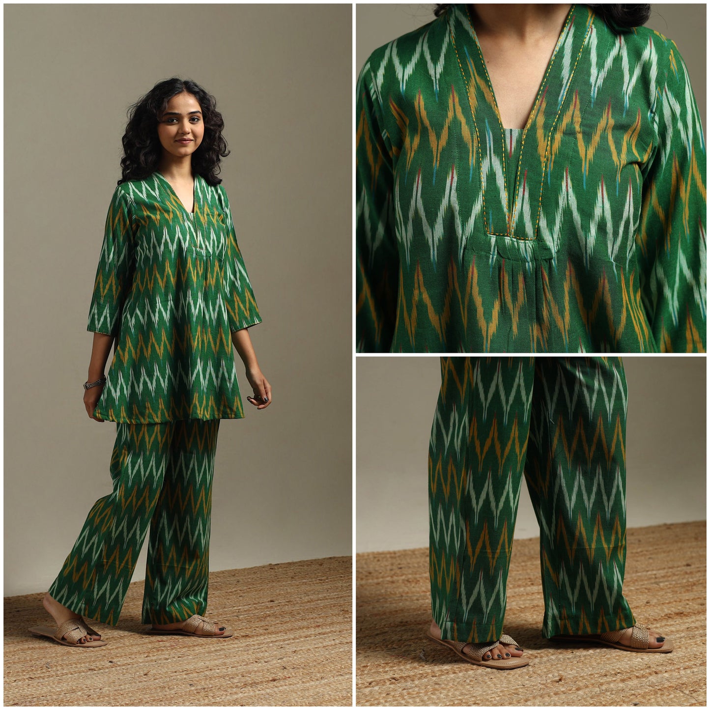 Hand embroidered pochampally ikat cotton night suit set 01