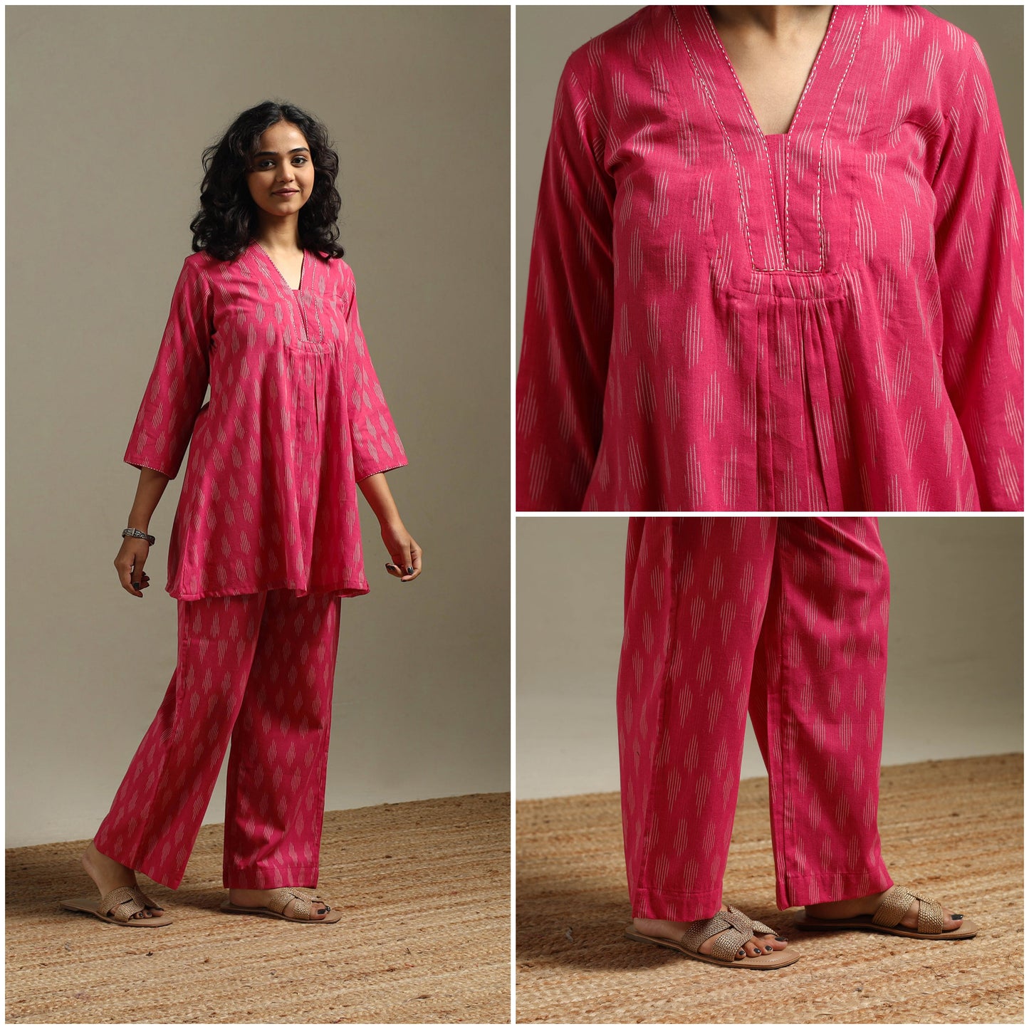 Hand embroidered pochampally ikat cotton night suit set 11