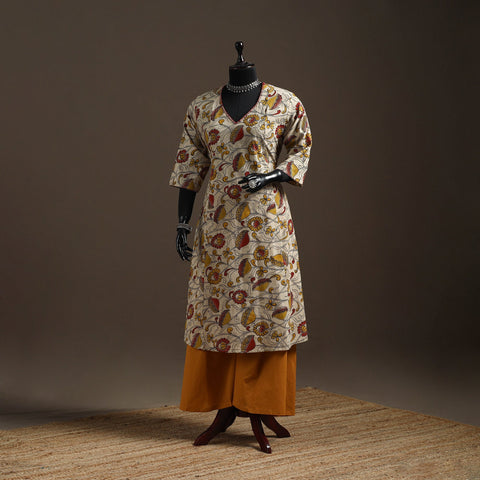 Hand embroidered printed cotton a-line kalamkari kurta