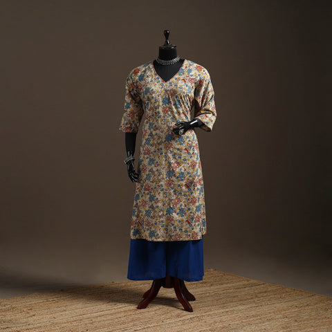 Hand embroidered printed cotton a-line kalamkari kurta