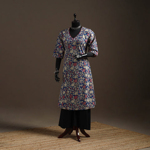 Hand embroidered printed cotton a-line kalamkari kurta
