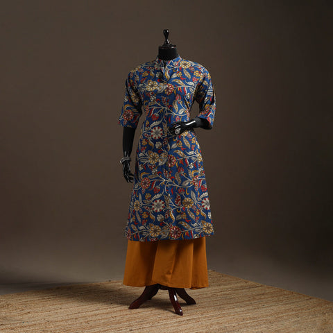 Hand embroidered printed cotton a-line kalamkari kurta