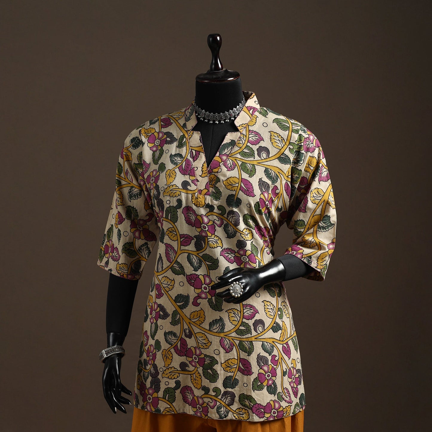 Hand embroidered printed cotton short kalamkari kurta