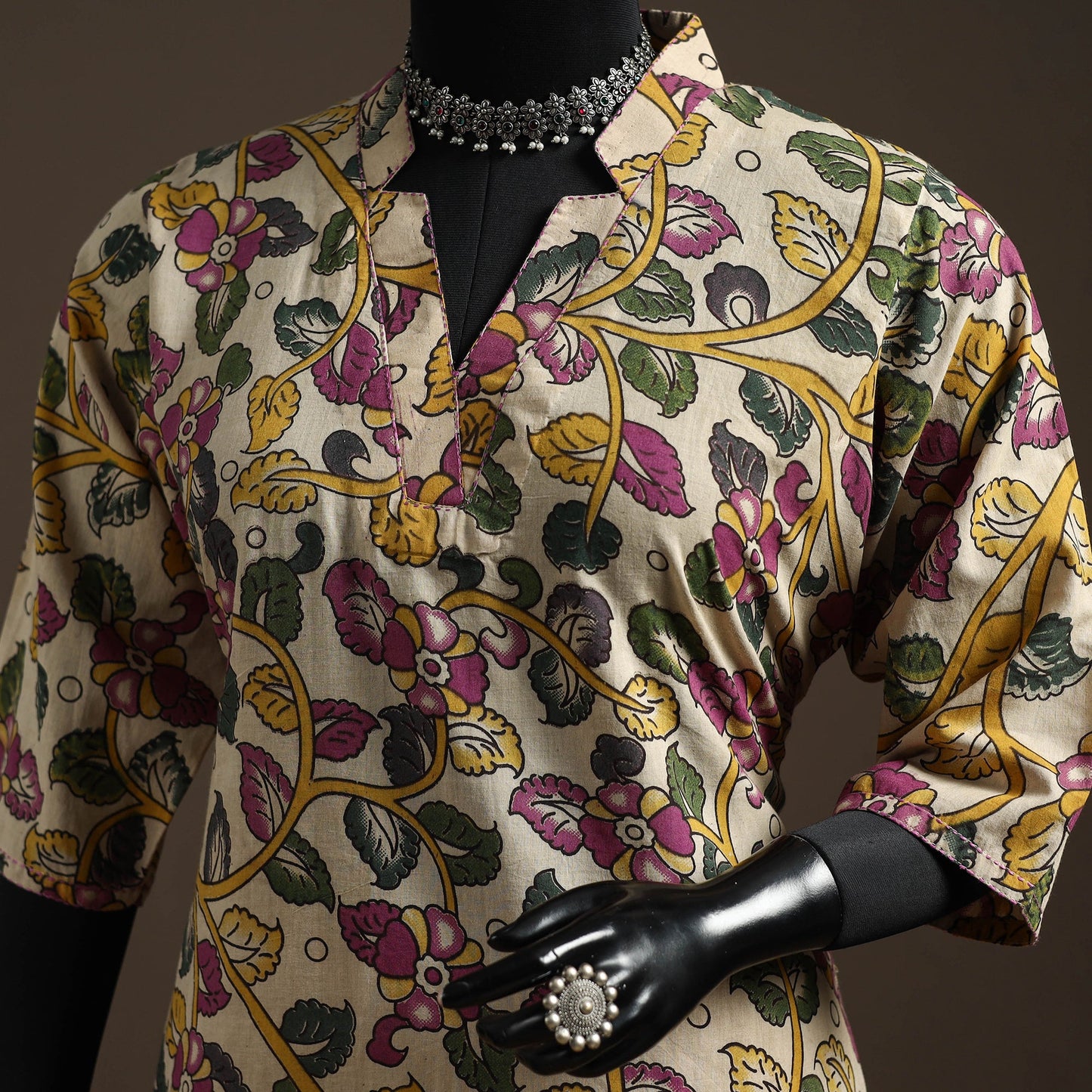 Hand embroidered printed cotton short kalamkari kurta