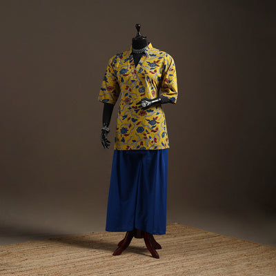 Hand embroidered printed cotton short kalamkari kurta