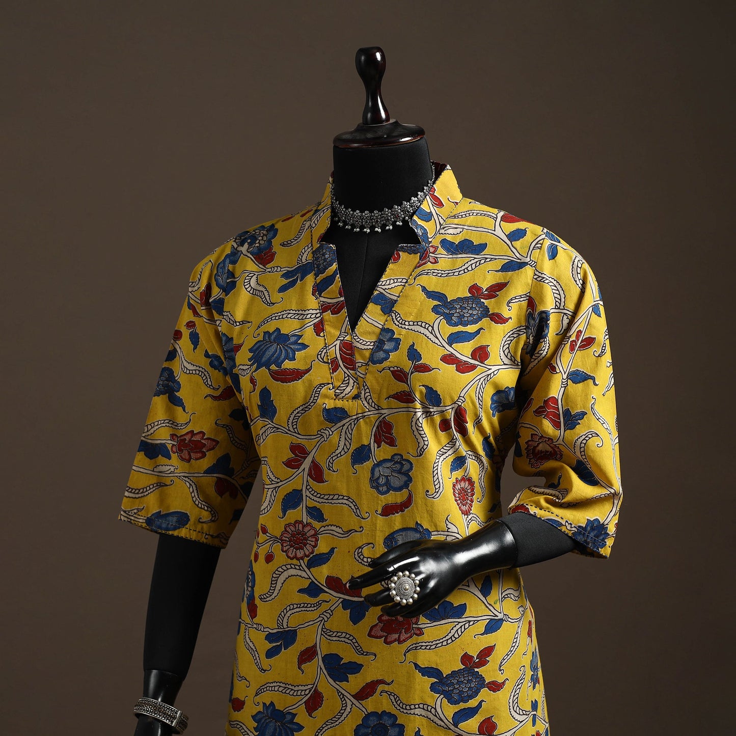 Hand embroidered printed cotton short kalamkari kurta