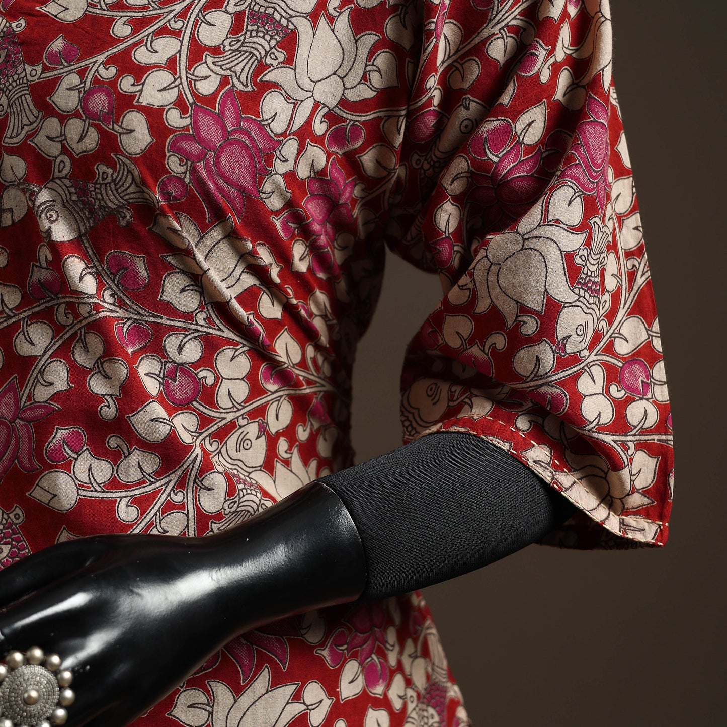 Hand embroidered printed cotton short kalamkari kurta