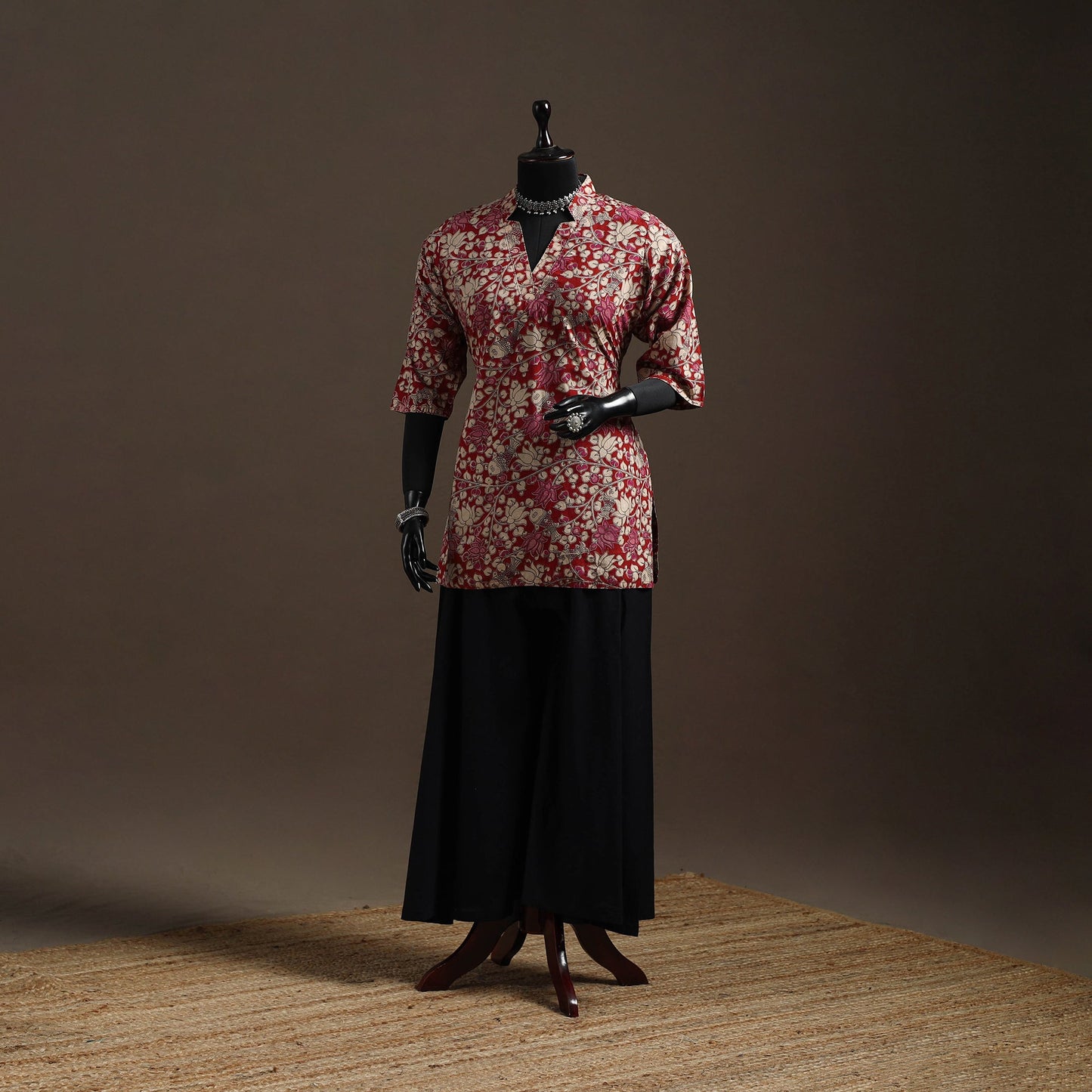 Hand embroidered printed cotton short kalamkari kurta