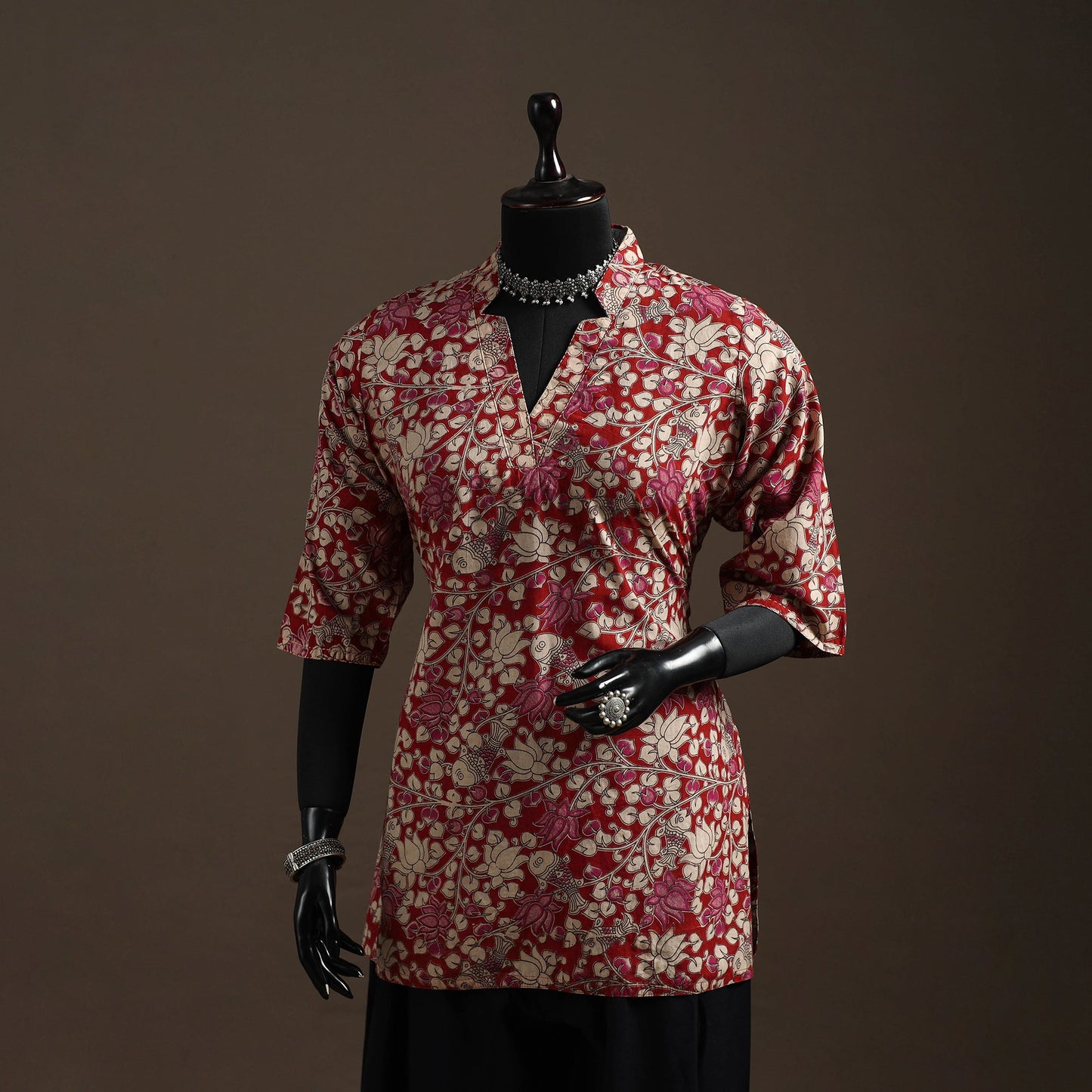 Hand embroidered printed cotton short kalamkari kurta