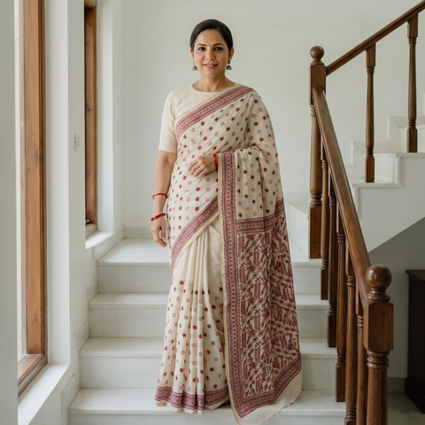 White Hand Embroidered Silk Cotton Chapa Work Saree, draped and worn by a woman, AI visual of the saree, iTokri