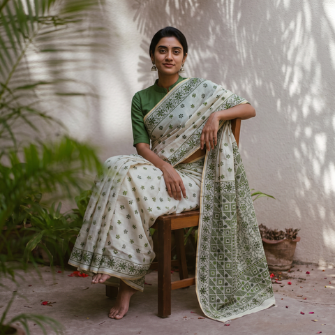 Green Hand Embroidered Silk Cotton Chapa Work Saree, draped and worn by a woman, AI visual of the saree, iTokri
