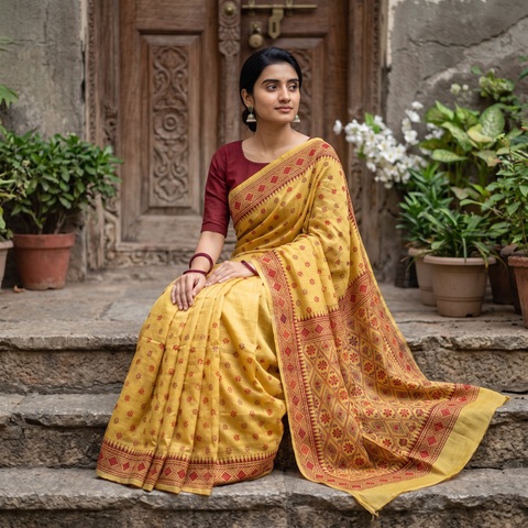 Yellow Hand Embroidered Silk Cotton Chapa Work Saree, draped and worn by a woman, AI visual of the saree, iTokri