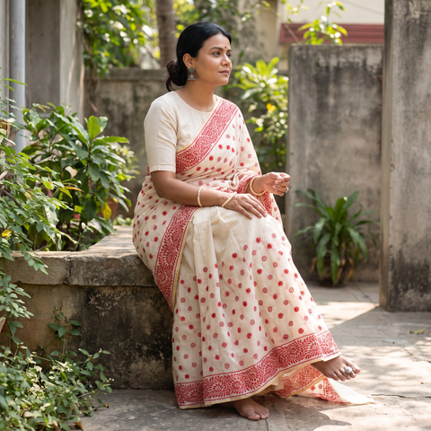 White Hand Embroidered Silk Cotton Chapa Work Saree, draped and worn by a woman, AI visual of the saree, iTokri