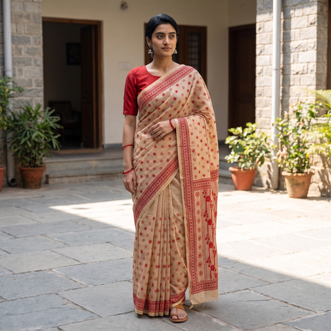 Beige Hand Embroidered Silk Cotton Chapa Work Saree, draped and worn by a woman, AI visual of the saree, iTokri
