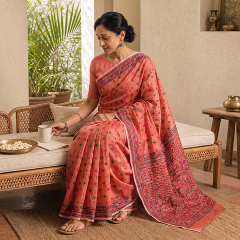 Red Hand Embroidered Silk Cotton Chapa Work Saree, draped and worn by a woman, AI visual of the saree, iTokri