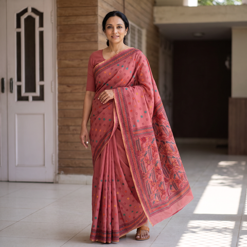 Pink Hand Embroidered Silk Cotton Chapa Work Saree, draped and worn by a woman, AI visual of the saree, iTokri