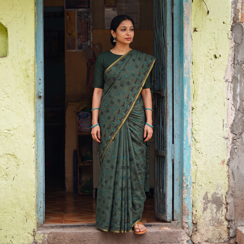 Green Hand Embroidered Silk Cotton Chapa Work Saree, draped and worn by a woman, AI visual of the saree, iTokri