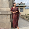 Brown Hand Embroidered Silk Cotton Chapa Work Saree, draped and worn by a woman, AI visual of the saree, iTokri