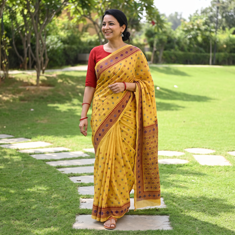 Yellow Hand Embroidered Silk Cotton Chapa Work Saree, draped and worn by a woman, AI visual of the saree, iTokri