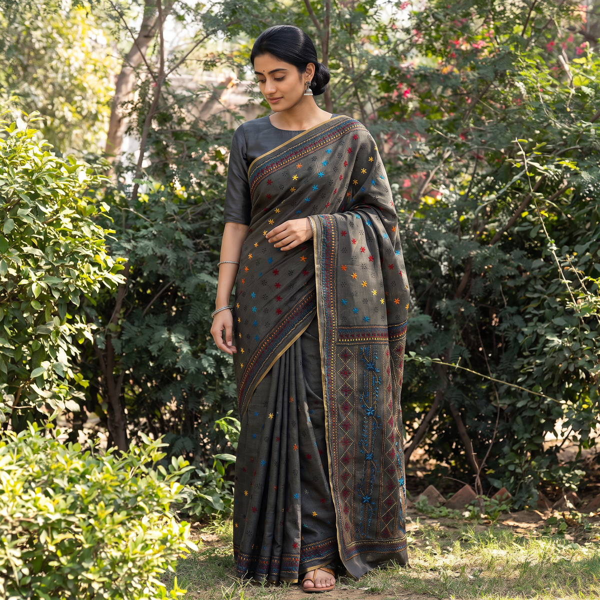Black Hand Embroidered Silk Cotton Chapa Work Saree, draped and worn by a woman, AI visual of the saree, iTokri