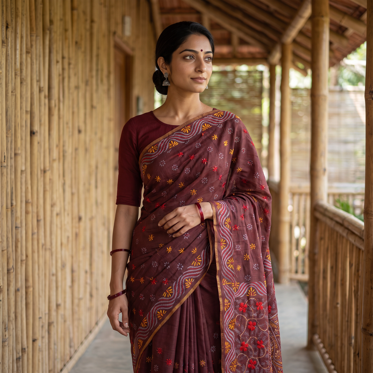 Brown Hand Embroidered Silk Cotton Chapa Work Saree, draped and worn by a woman, AI visual of the saree, iTokri