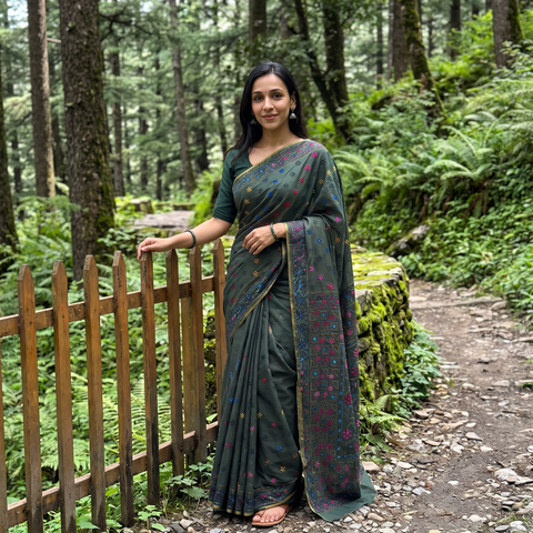 Black Hand Embroidered Silk Cotton Chapa Work Saree, draped and worn by a woman, AI visual of the saree, iTokri