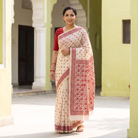 White Hand Embroidered Silk Cotton Chapa Work Saree, draped and worn by a woman, AI visual of the saree, iTokri