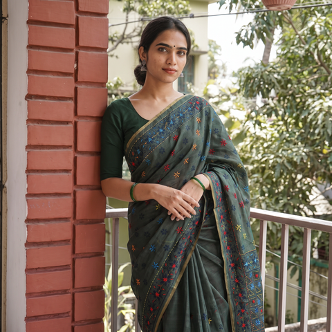Black Hand Embroidered Silk Cotton Chapa Work Saree, draped and worn by a woman, AI visual of the saree, iTokri