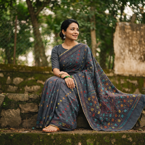 Black Hand Embroidered Silk Cotton Chapa Work Saree, draped and worn by a woman, AI visual of the saree, iTokri