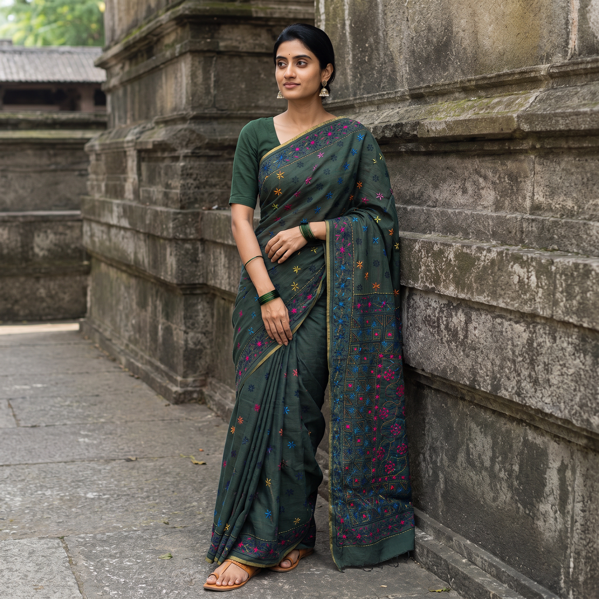 Green Hand Embroidered Silk Cotton Chapa Work Saree, draped and worn by a woman, AI visual of the saree, iTokri