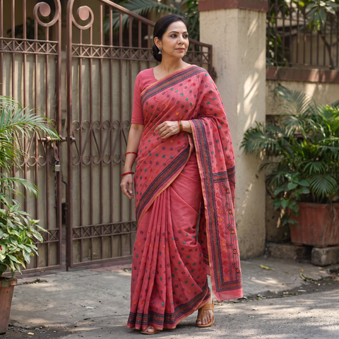 Red Hand Embroidered Silk Cotton Chapa Work Saree, draped and worn by a woman, AI visual of the saree, iTokri