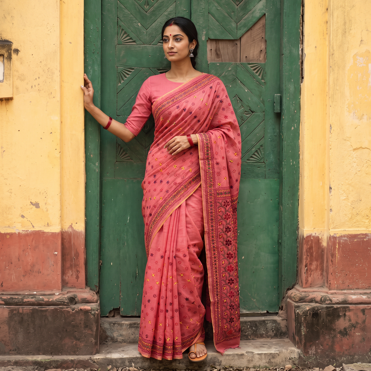Pink Hand Embroidered Silk Cotton Chapa Work Saree, draped and worn by a woman, AI visual of the saree, iTokri