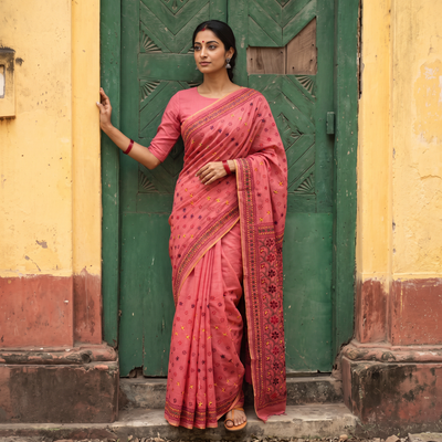 Pink Hand Embroidered Silk Cotton Chapa Work Saree, draped and worn by a woman, AI visual of the saree, iTokri