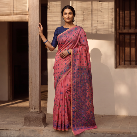 Pink Hand Embroidered Silk Cotton Chapa Work Saree, draped and worn by a woman, AI visual of the saree, iTokri