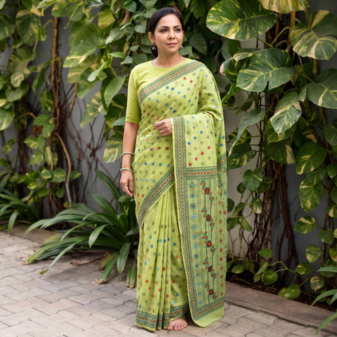 Green Hand Embroidered Silk Cotton Chapa Work Saree, draped and worn by a woman, AI visual of the saree, iTokri