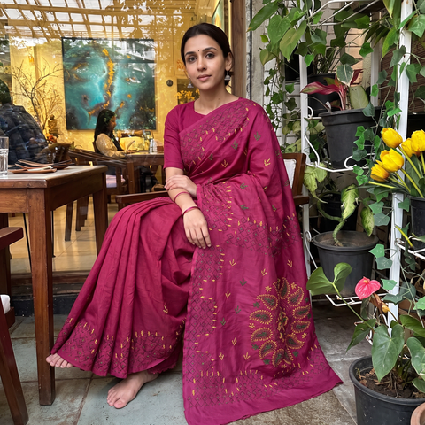 Pink Hand Embroidered Silk Saree, draped and worn by a woman, AI visual of the saree, iTokri