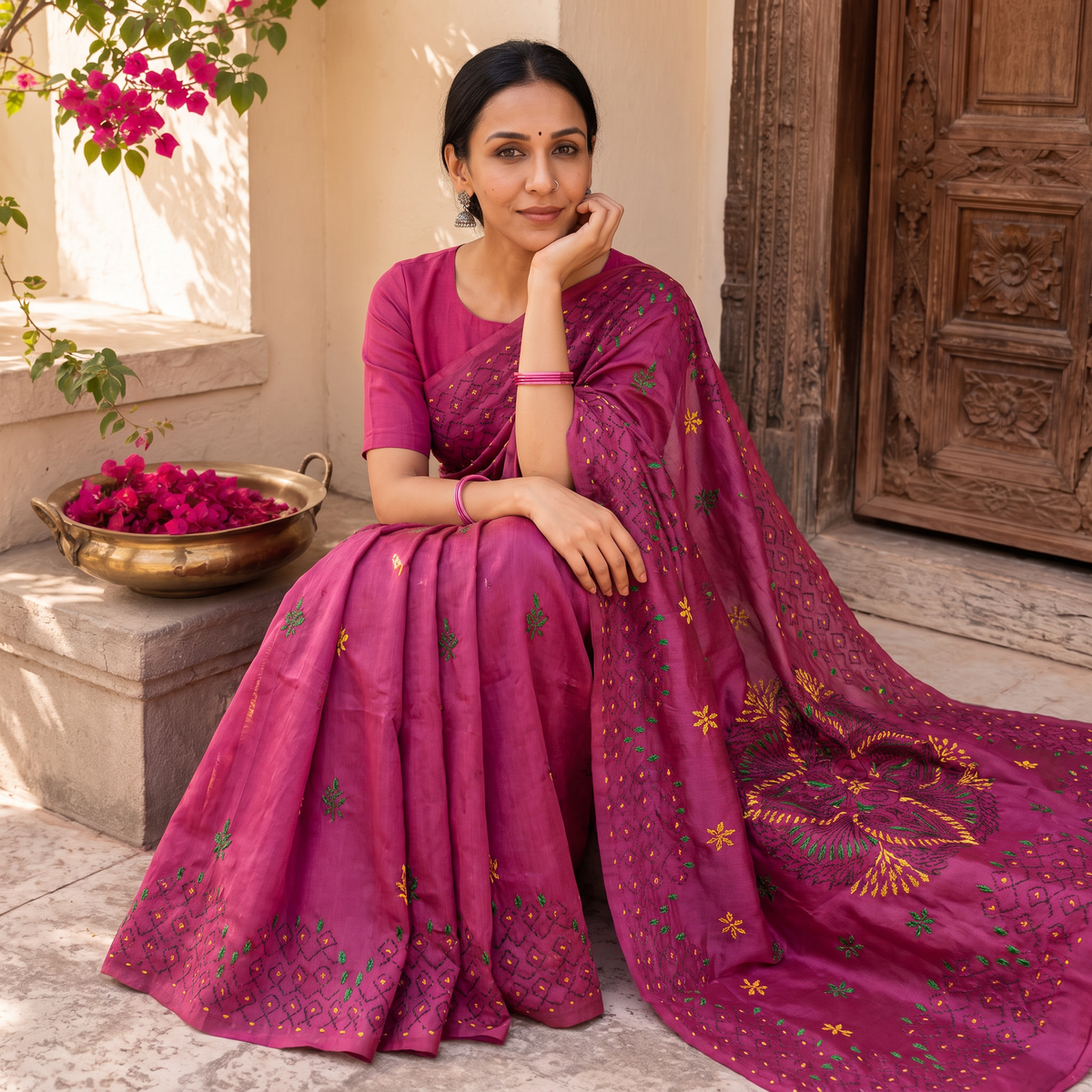Pink Hand Embroidered Silk Saree, draped and worn by a woman, AI visual of the saree, iTokri