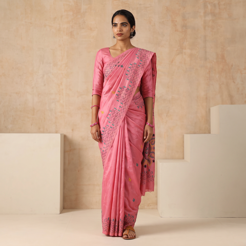 Pink Hand Embroidered Silk Saree, draped and worn by a woman, AI visual of the saree, iTokri