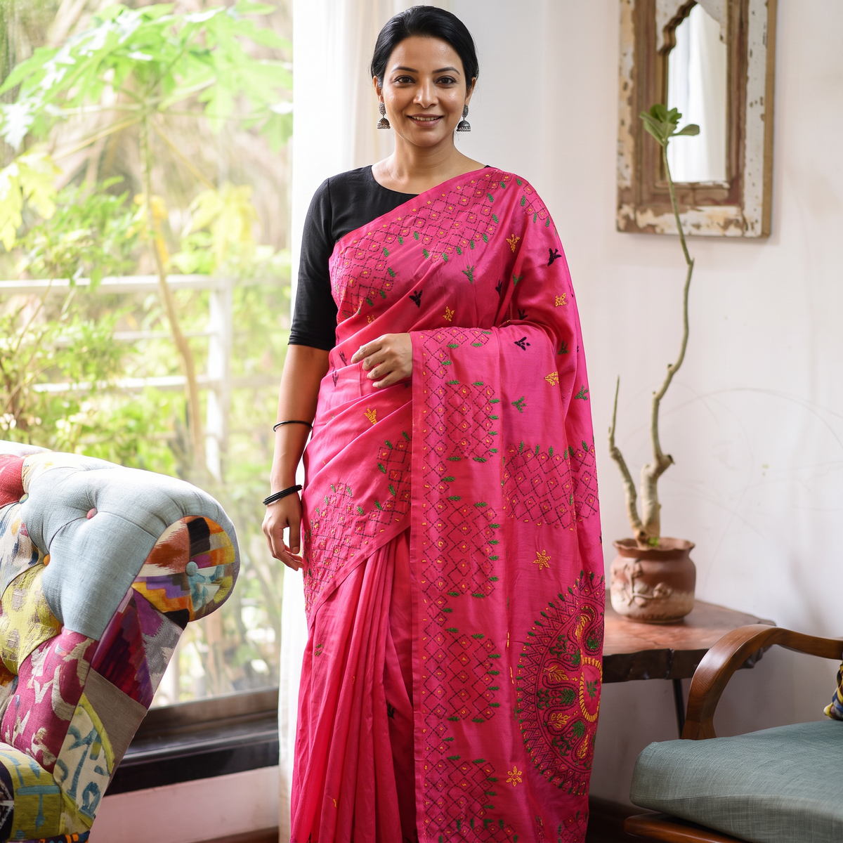 Pink Hand Embroidered Silk Saree, draped and worn by a woman, AI visual of the saree, iTokri