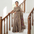 Brown Hand Embroidered Silk Saree, draped and worn by a woman, AI visual of the saree, iTokri