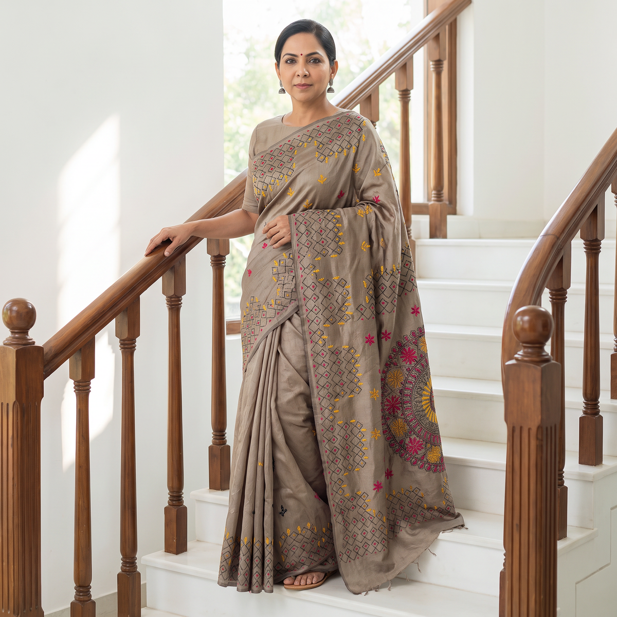 Brown Hand Embroidered Silk Saree, draped and worn by a woman, AI visual of the saree, iTokri