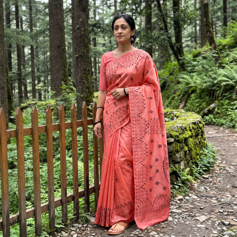 Pink Hand Embroidered Silk Saree, draped and worn by a woman, AI visual of the saree, iTokri