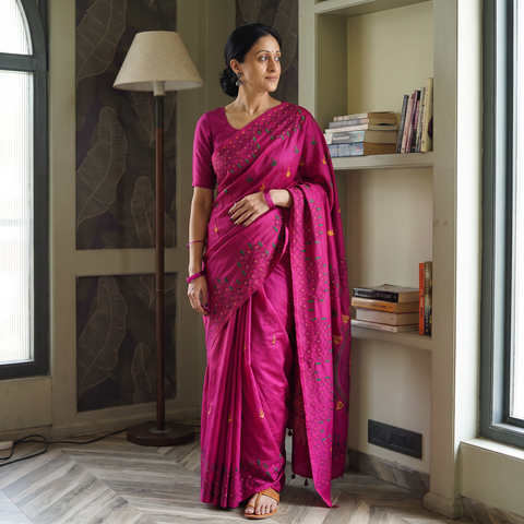 Pink Hand Embroidered Silk Saree, draped and worn by a woman, AI visual of the saree, iTokri