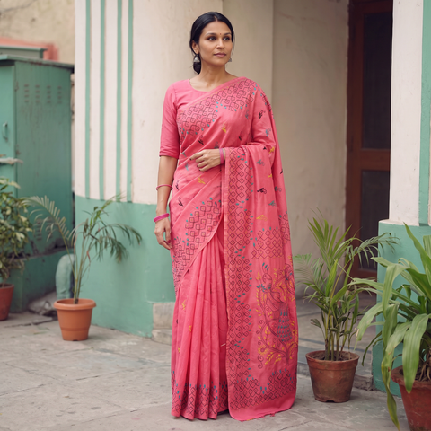 Pink Hand Embroidered Silk Saree, draped and worn by a woman, AI visual of the saree, iTokri
