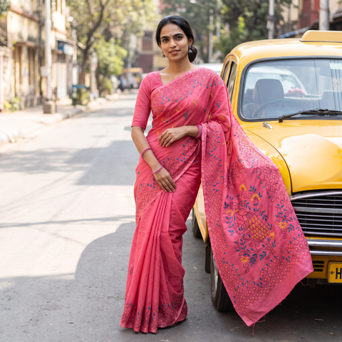 Pink Hand Embroidered Silk Saree, draped and worn by a woman, AI visual of the saree, iTokri