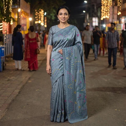 Grey Hand Embroidered Silk Saree, draped and worn by a woman, AI visual of the saree, iTokri